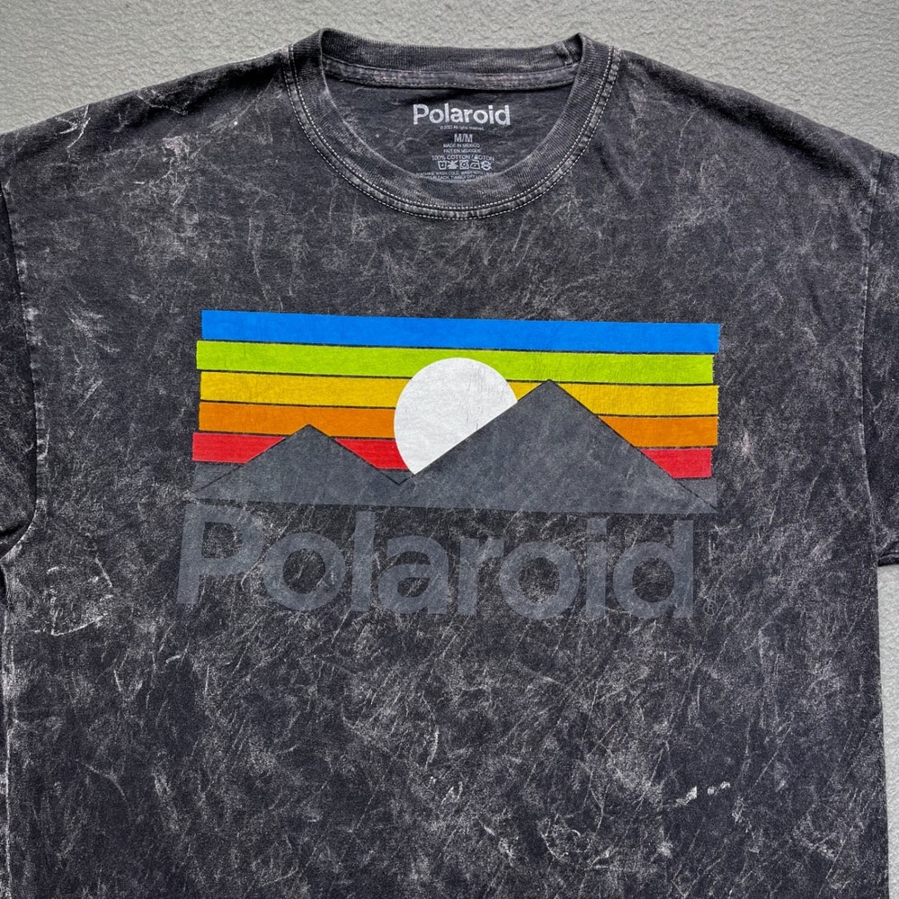 Polaroid Men T-Shirt Cotton Acid Wash Gray Medium Retro Graphic Tee